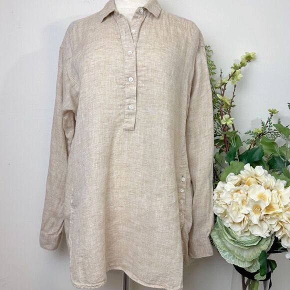 J. McLaughlin | Beige Linen Button Detail Tunic Blouse | Medium - Picture 1 of 12
